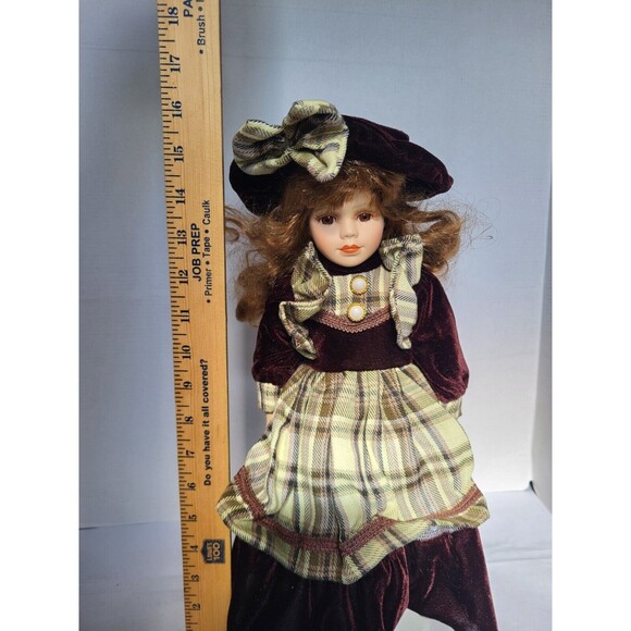 Vintage 15" Porcelain Face Doll Checkered Plaid Dress Red Hair Dress and Hat - Picture 5 of 7